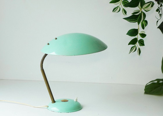 Image 1 of Lampe de table vintage, lampe de bureau, années 50, 60, 70, lampe cosaque en métal en forme d'OVNI, vert menthe