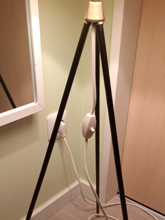 Image 1 of Vintage tripod floor lamp 1960s | Mid-century tripod lamp with floral fabric shade