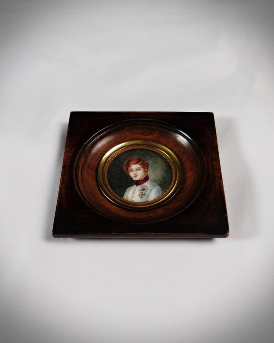 Image 1 of Ritratto miniatura Tondo Napoleone II ufficiale dipinto a mano a guazzo XIX secolo