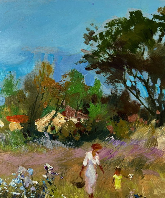 Image 1 of Original Oil Painting Summer Village Landscape Joyful walks through the field