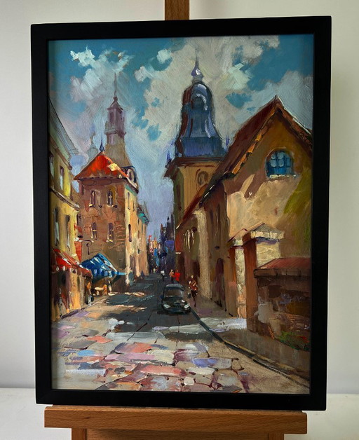 Original Oil Painting City Road Landscape Quiet Street In The Old Town