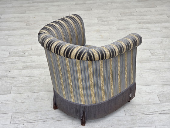 Image 1 of 1960s Danish Lounge Chair, Blue/Beige Furniture Velour, Beech Wood Legs