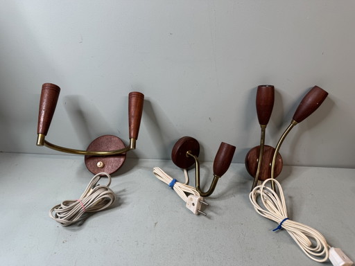 Set of 3 Vintage Mid Century Danish Design Wooden Wall lights – wandlampen, Brass (photo 2 of 11)