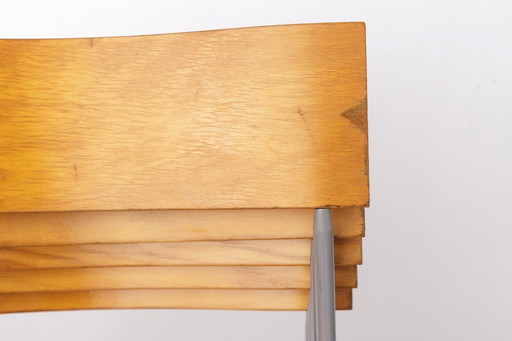 Set of 6 Lammhults Campus Stacking Chairs, Swedish Mid Century Chairs 1970s, Metal & Beech Plywood Dining Chairs