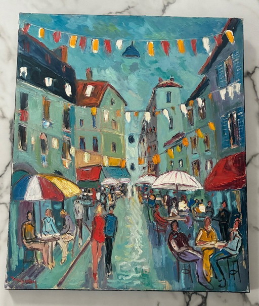 Grande olio su tela di Alain Duperay, Le Terrazze dei Caffè, 14 luglio