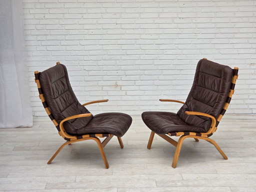1970s, Danish design by Farstrup, set of 2 armchairs, furniture leather, bent wood.