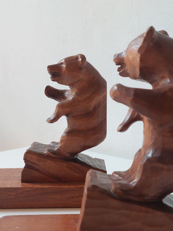 Image 1 of Paire de serre-livres anciens sculptés à la main, sculpture d'ours