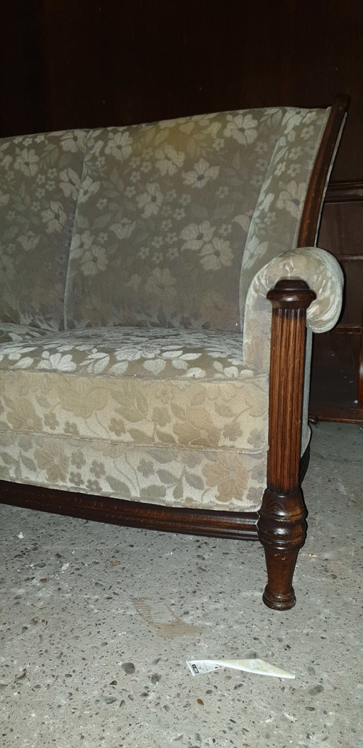 Classic oak wool mohair sofa with armchairs