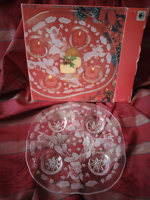 Walther vintage glazen Adventsbord, satijnen waxinelichthouder Kerstmis