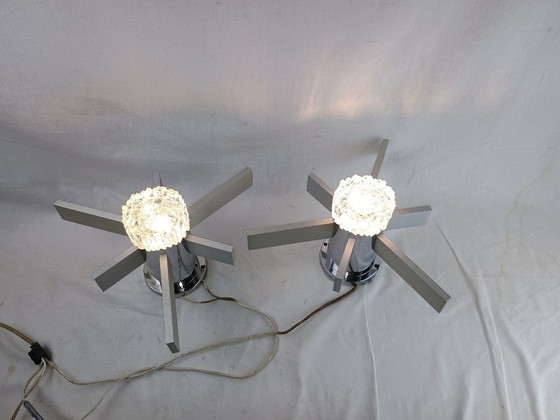 Image 1 of Pair Mid Century Italian Chrome & Glass Wall Sconces 1960s Space Age Sciolari
