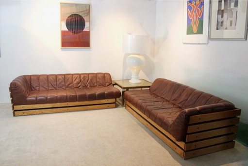 Dutch Lounge Sofa Set in Wood and Cognac Leather
