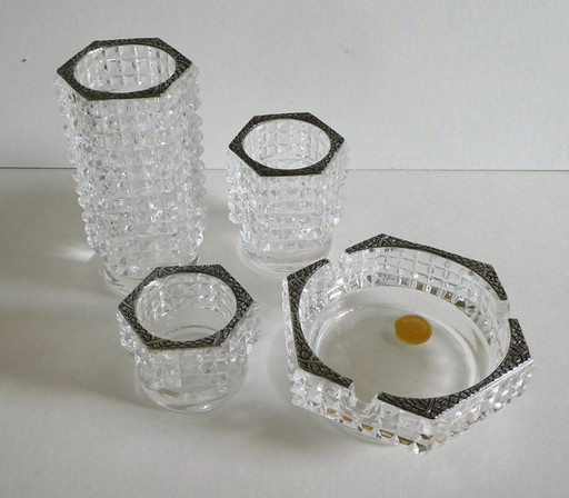 Smoker's set, 4 objects, Germany 1960s, lead crystal, silver