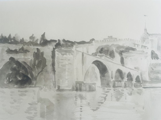 Image 1 of Signiertes Aquarell monochrom sepia Pont d'Avignon
