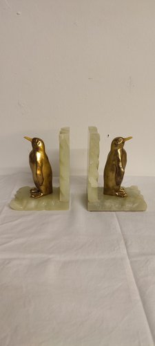 Sujetalibros de ónix y pingüino en metal dorado, España, década de 1960, juego de 2 – decoratieve objecten