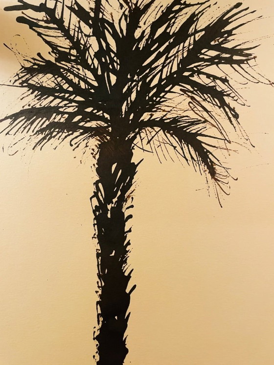 Image 1 of Acuarela monocromática firmada "Palmera al atardecer"