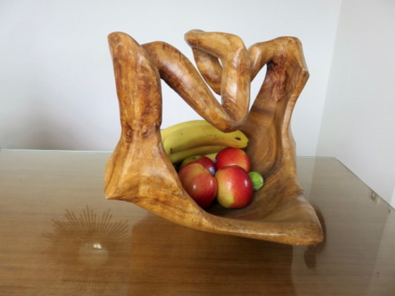 Cesta grande o centro de mesa tallado en una sola pieza de madera de olivo, circa 1970, Italia (photo 3 of 14)