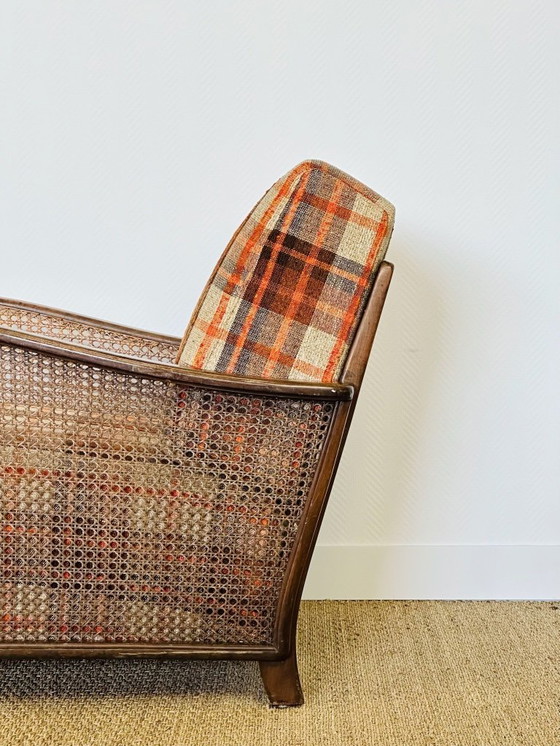 Image 1 of Vintage fauteuil van gebogen hout, rieten frame en geruite stof, 1960