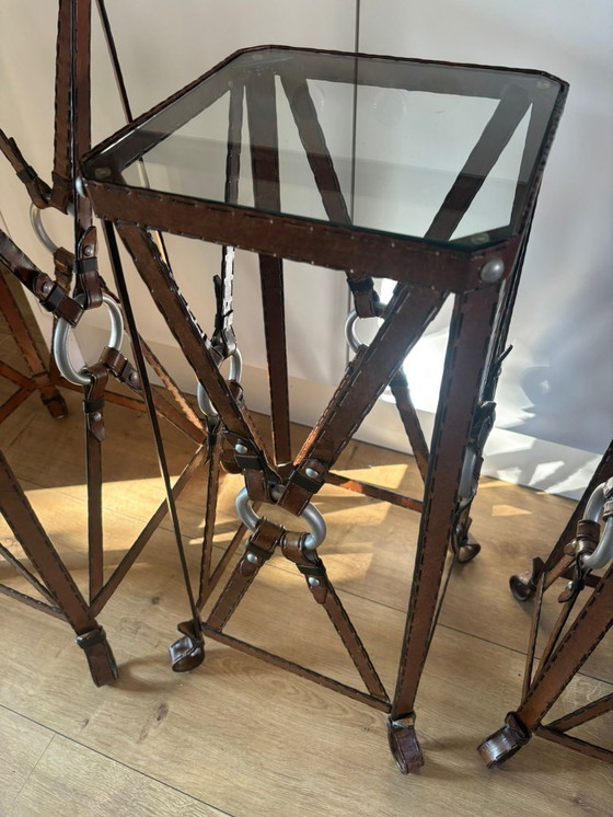 Image 1 of Unique set of 3 console tables – France, 1970s – in the style of Jacques Adnet – iron (imitation leather) and glass