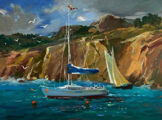 Image 1 of Original Oil Painting Sea Coastal Landscape Sailing away on a yacht