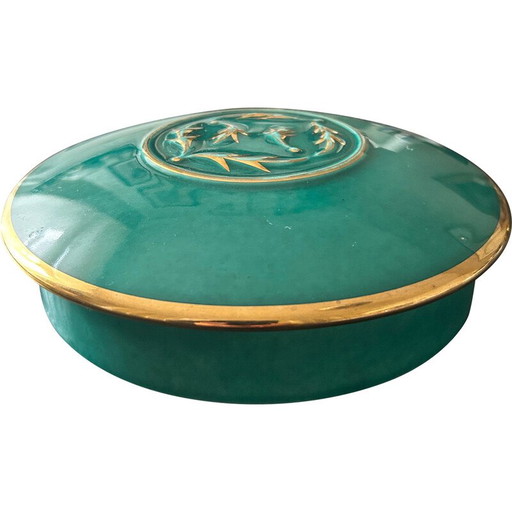 Boîte vintage en céramique verte et dorée de Magdalithe, 1950