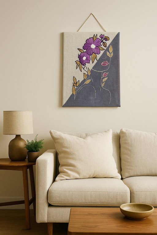 Handmade Embroidery Wall Art – Purple Floral Line Art on Linen Canvas – 45 x 35 cm