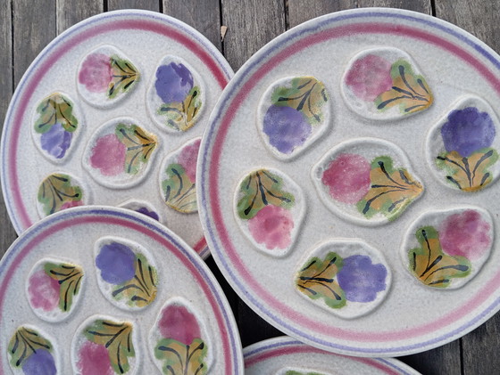Image 1 of 4 vintage 1960 oyster plates with multicolored floral design by MBFA - France