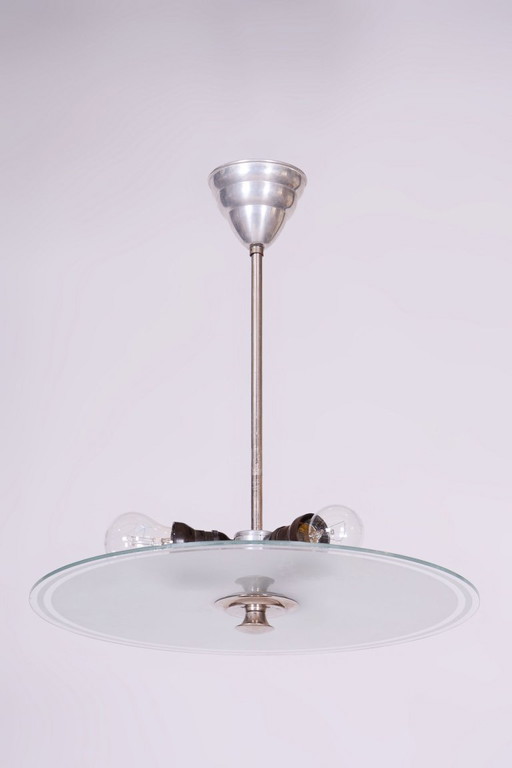 Gerestaureerde Bauhaus-kroonluchter, chroom, staal, matglas, Tsjechisch, jaren 1930 – Chrome