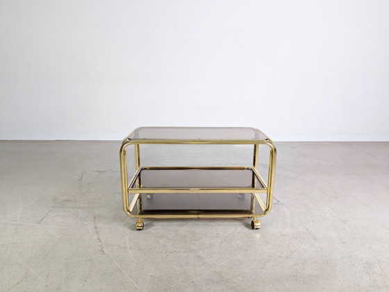 Image 1 of Mid-century side table, serving trolley, brass and glass, Italy, 1970s vintage