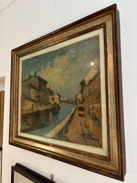 Oil Painting on Canvas of Navigli of Milan by Achille Cattaneo, Early 20th Century – Paintings & Drawings (photo 5 of 7)