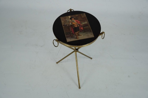 Image 1 of Small Italian brass and wood tripod coffee table from 50s