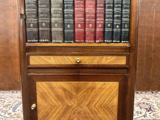 Set of Classic English Nightstand with Books and Marqueterie, Leather, Wood, Chesterfield (photo 7 of 15)