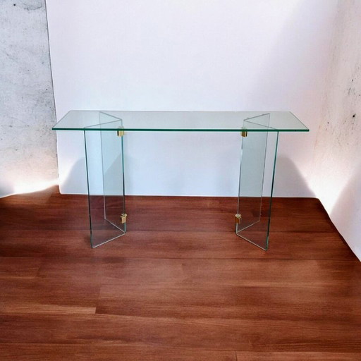 Table d'appoint vintage en plexiglas et verre avec détails en laiton, dans le style de Leon Rosen