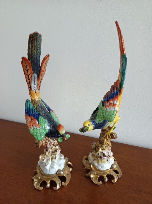 Set de 2 aves del paraíso de porcelana Giulia Mangani sobre base de ormolú – 100% Intacto.