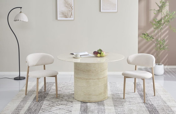 Image 1 of BAIETAA Round Dining Table 120cm – Glossy Travertine Ceramic Top & Matching Base – Natural Elegance