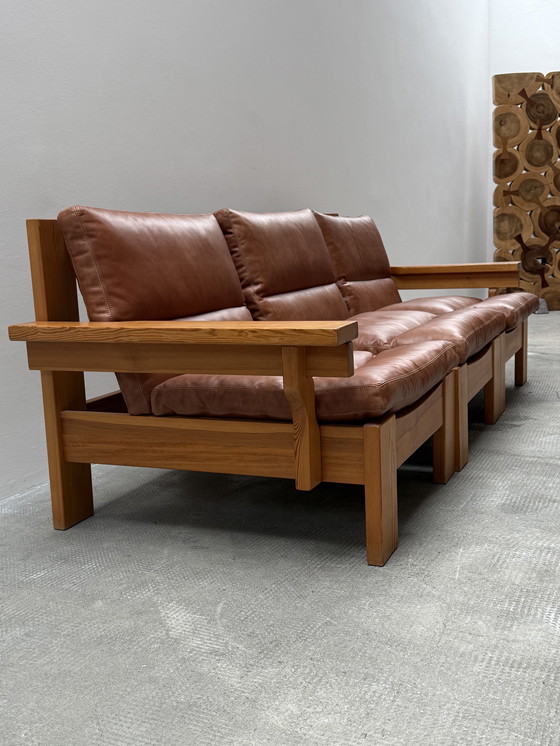 Image 1 of MODULAIRE STOEL SOFA SER PIEF HOUT MASSIEF COGNAC LEATHER IN KARIN MOBRING STIJL, SCANDINAVIA 1970