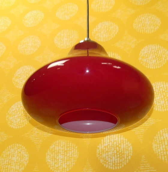 Image 1 of Ceiling lamp vintage space age 70s dark red flashed glass lamp