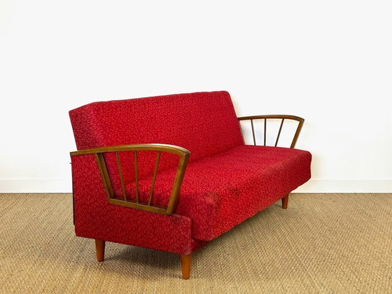 Image 1 of Vintage Scandinavische slaapbank van hout en stof, 1960