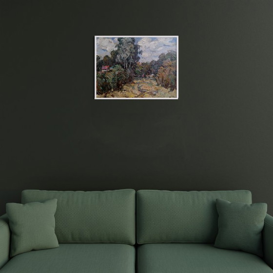 Origineel olieverfschilderij: Natuurlandschap, Dorp, Platteland Koude Dag – Schilderijen & Tekeningen, Canvas (photo 2 of 11)