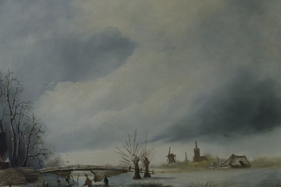 Image 1 of Pintura al óleo original "Paisaje invernal holandés con patinadores" de Frits Meijer