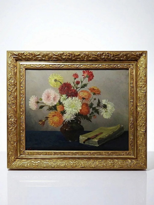 Olieverfschilderij op doek, stilleven met chrysanten, gesigneerd L.Porte 1888