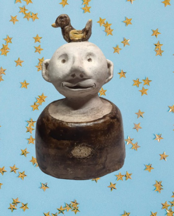 Image 1 of (W006) Unique Folk Art Ceramic Sculpture – "The Happy Bald Man with a Duck on His Head"