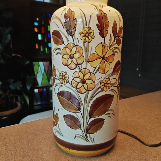 Image 1 of Large 1970s Hand-Painted Ceramic Table Lamp Ø40 cm – Floral Pottery Lamp