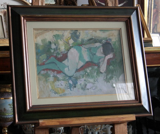 Oil painting on canvas, "Reclining Woman", by Savino Labò, signed
