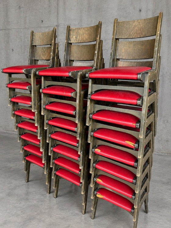 Grand lot de chaises vintage empilables, Chaises de salle à manger, Bois, Skaï, Rouge (photo 4 sur 14)