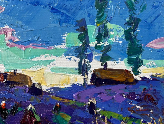 Image 1 of Original Oil Painting Summer Field Landscape Evening in the village