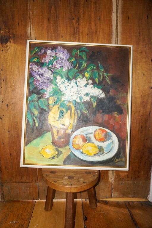 oil still life painting with flowers and fruit * signed canvas floral artwork * framed vintage expressionist fruit bowl art * va