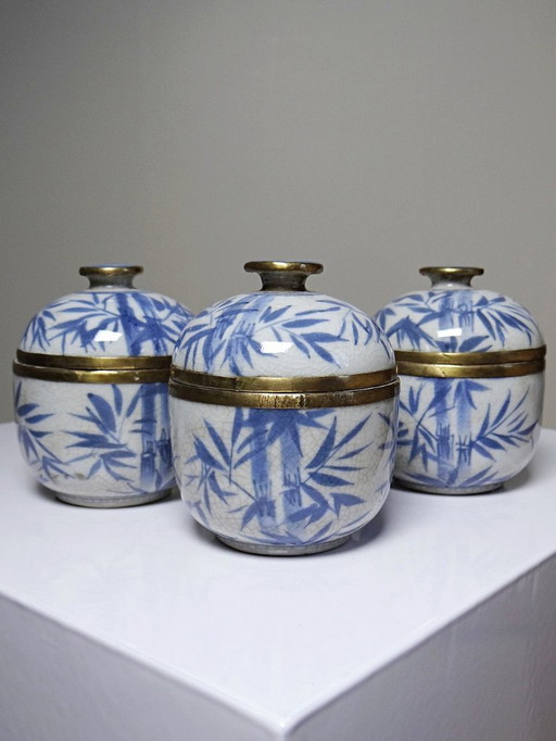 Trio of Gaiwans, small Chinese hand-painted porcelain covered tea cups