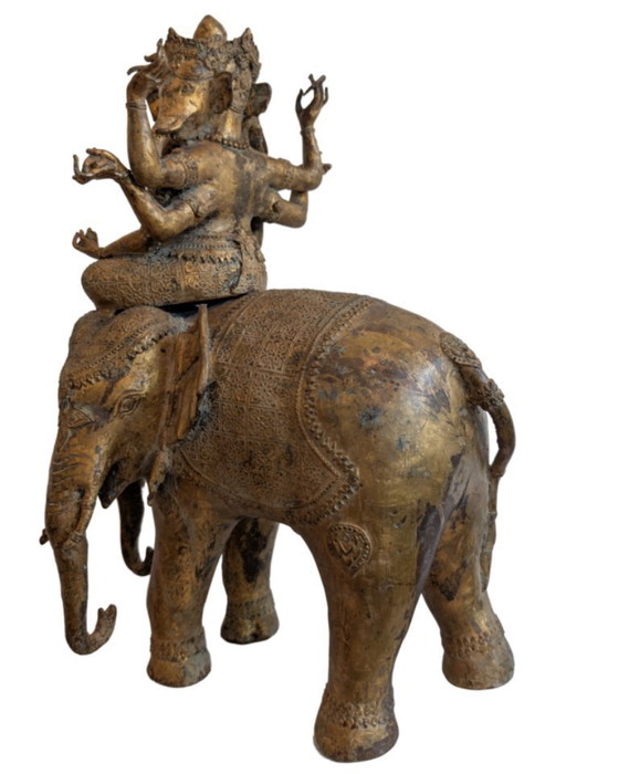 Image 1 of Raro Newar Ganesha del XVII/XVIII secolo su Airavata – Dorato a fuoco – 49 cm