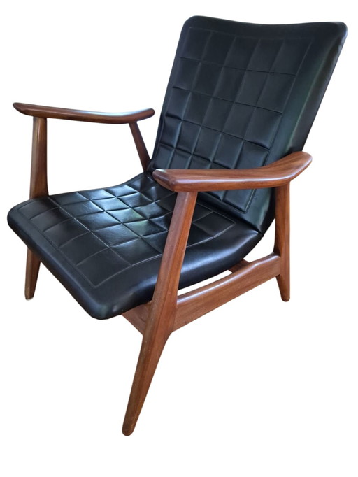 Teak arm chair with black faux leather upholstery, 1960s.