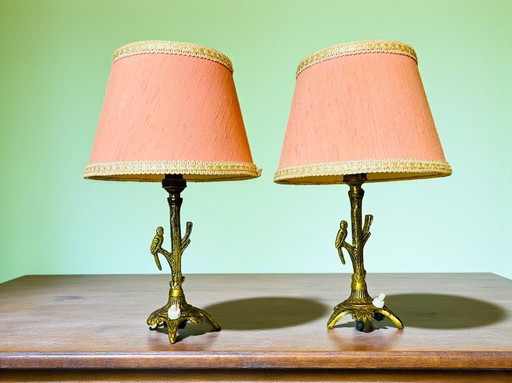 Par de pequeñas lámparas de noche de latón de estilo rústico con pantallas rosas y de pájaro, década de 1950